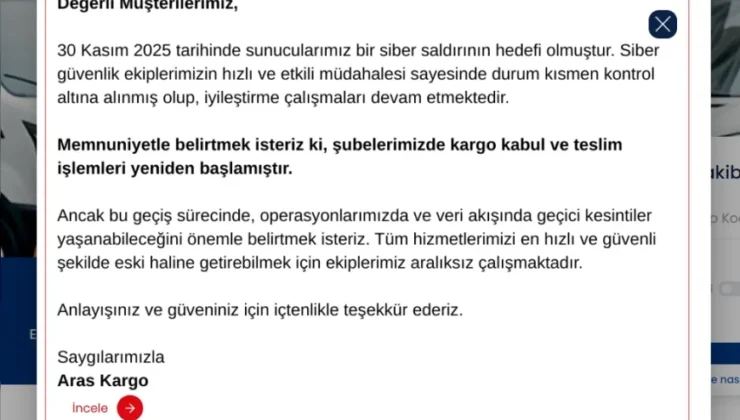 Aras Kargo’nun 30 Kasım Siber Saldırı Sonrası Sistemlerinde İyileştirme Sürerken Kargo Takip Ekranları Yeniden Açıldı